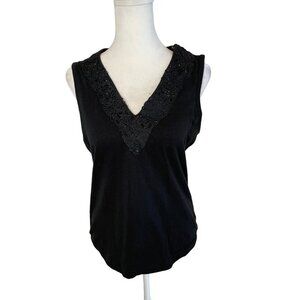 V-Neck Pullover Embroidered Beaded Black Sleeveless Sweater Cable & Gauge Sz S